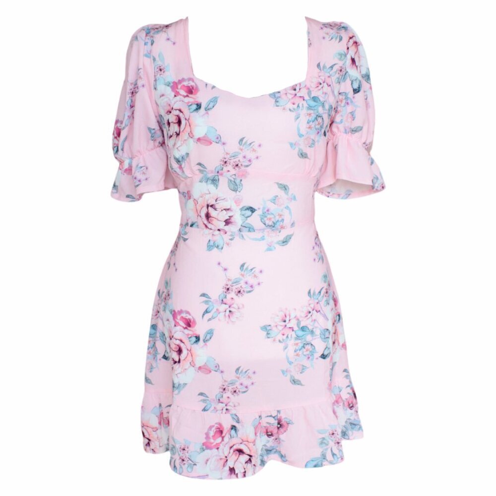 Amelia Pink Floral Spring Dress With Puff Sleeves